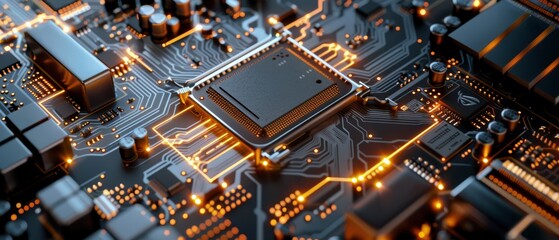 Detailed shot of a highlighted microchip on a hightech motherboard