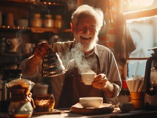 Elderly Man Enjoying Coffee in a Cozy Cafe