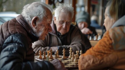 Elderly residents engaged in a game of chess in the community clubhouse
