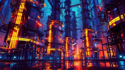 Naklejka premium Vibrant interior of a chemical plant with towering tanks and pipelines