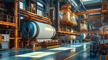 Obraz premium Interior of a pulp and paper mill with massive machinery turning wood into paper