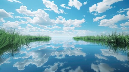 A serene pond reflecting a clear blue sky and fluffy white clouds.