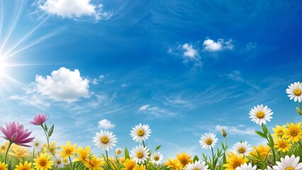 Beautiful summer flowers meadow in spring. Abstract nature panoramic landscape with many colorful flowers of daisies with blue sky and clouds