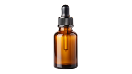 A brown glass dropper bottle, isolated on a white background