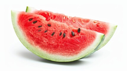 Close-up of a fresh watermelon slice, juicy red flesh and seeds visible, isolated on white background, studio lighting