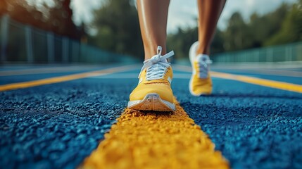 Close-up of Yellow Running Shoes on Blue Track - ai generative