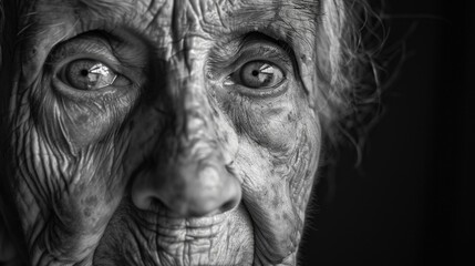 A black and white portrait of an elderly person with deep wrinkles and kind eyes, reflecting a lifetime of experiences.