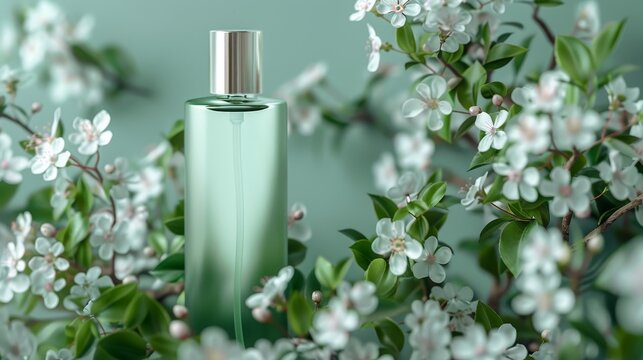 Close-up of a blank green bottle with elegant white cosmetic bottle mock up, surrounded by spring blossoms, isolated background, studio lighting
