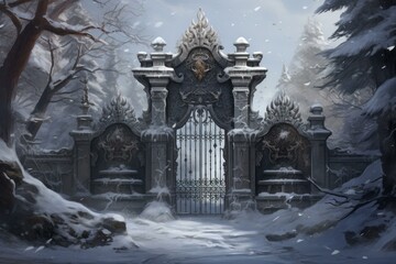 Obraz premium Digital art of a beautiful ornate gate amidst a snowy forest, evoking fantasy and mystery
