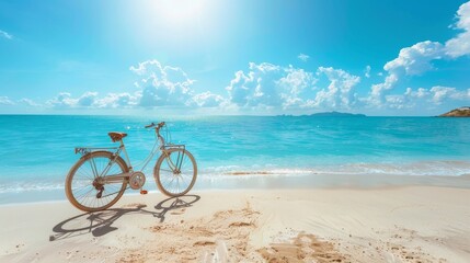 Fototapeta premium Classic bike on beach, sparkling blue water, summer sunshine, serene vacation setting