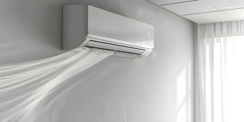 Cooling off a white room with a wall-mounted air conditioner. Concept Home Improvement, Air Conditioning, Room Cooling, White Interior, Wall-mounted Unit