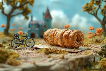 A small sausage roll with a bicycle on it, in the background