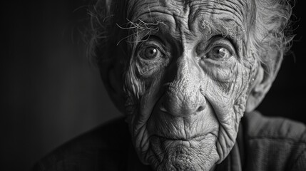A black and white portrait of an elderly person with deep wrinkles and kind eyes, reflecting a lifetime of experiences.