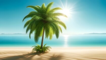 Obraz premium A single, lush palm tree standing on a pristine beach with clear blue waters and a bright sun in the sky, casting shadows on the golden sand.