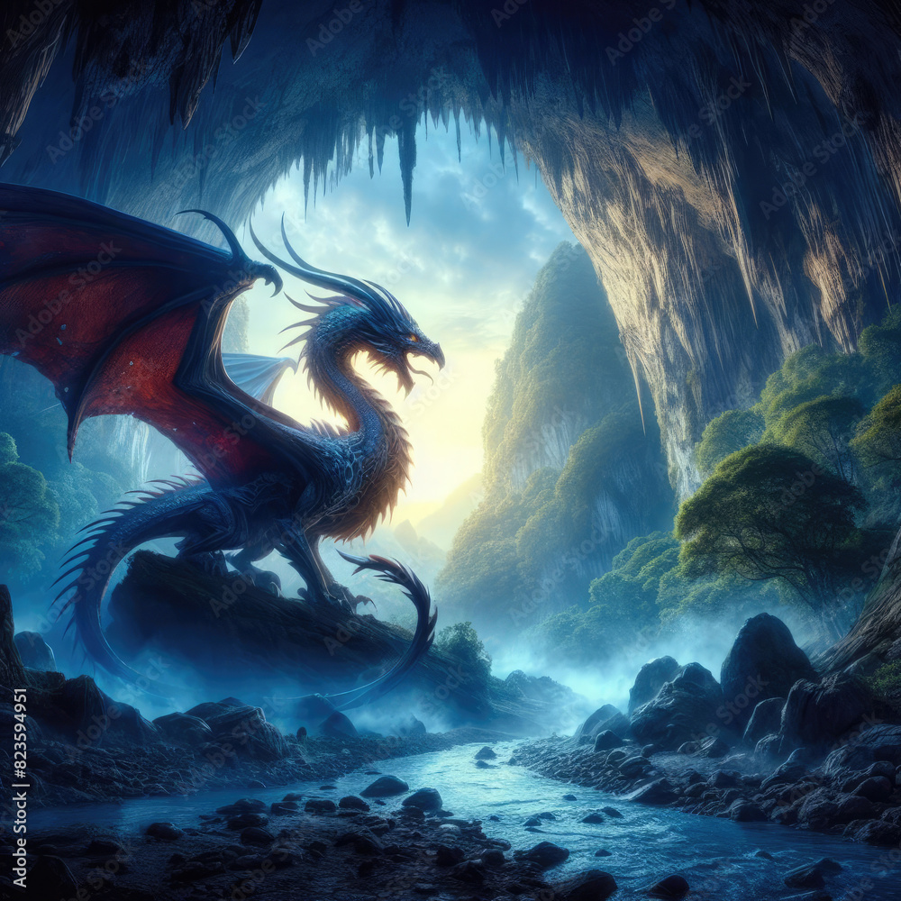 Wall mural generative ai, fantasy dragon nestled within a hidden cave in stunning mountains. the dragon, with i - Wall murals
