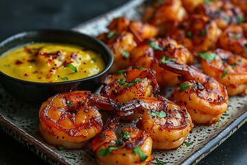 A plate of shrimp with a dipping sauce