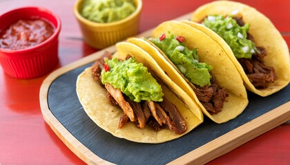 Barbacoa tacos with guacamole and salsa at an outdoor restaurant, national Mexican cuisine, generative AI
