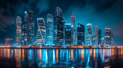 Obraz premium Connect the modern skyscrapers of Moscow City and put them in a row, dark background, real photo,
