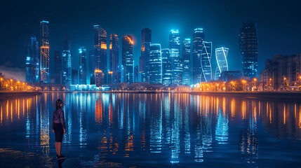 Connect the modern skyscrapers of Moscow City and put them in a row, dark background, real photo,