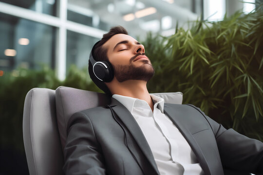 Businessman with eyes closed wearing wireless headphones