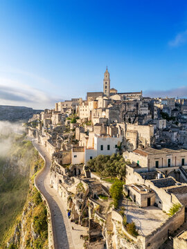 Aerial View of  a Foggy Spring Morning, Sassi of Matera, .The old town carved out of the rocks.UNESCO World Heritage Site.Matera.Matera district.Basilicata.Southern Italy, Europe