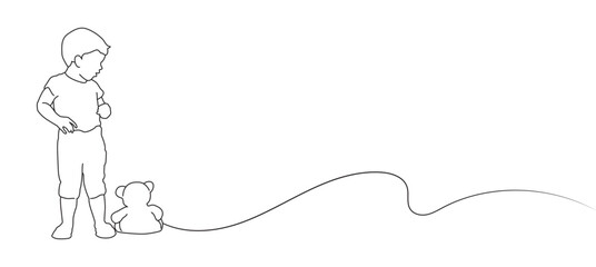 Little boy with teddy bear line art style vector illustration. Illustration of little boy with teddy bear for world children's day vector.