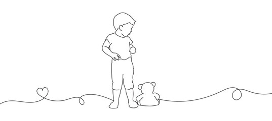 Little boy with teddy bear line art style vector illustration. Illustration of little boy with teddy bear for world children's day vector.