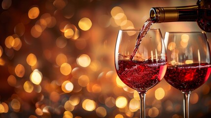 Red wine being poured into a glass, set against a beautiful golden bokeh background