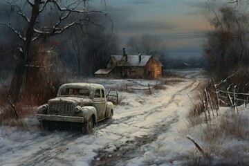 Serene winter scenery featuring a classic truck by a snow-covered path leading to a cozy cottage