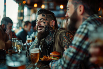Happy tattooed man eating burger and laughing with friends 