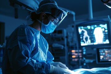 A female doctor in the operating room operating, A healthcare professional using robotic technology surgical assistance, AI generated