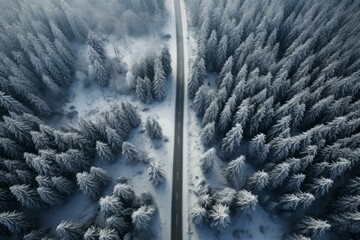 Serene drone shot of a snowy road slicing through a dense coniferous forest - Powered by Adobe