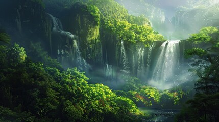 A breathtaking scene of a waterfall cascading through a lush green forest, surrounded by vibrant foliage 