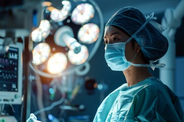 A female doctor in the operating room operating, A healthcare professional using robotic technology surgical assistance, AI generated