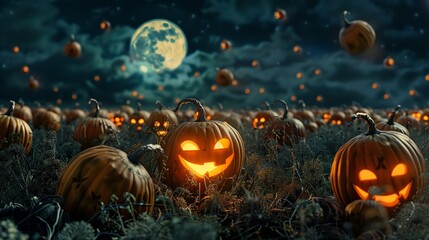 pumpkins under the full moon with malevolent look