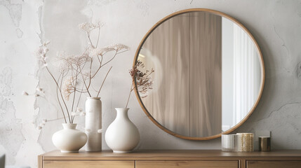 Minimalist round mirror, wooden frame, serene Scandinavian ambiance.