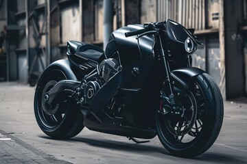 a black motorcycle parked on the side of a road