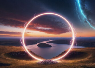 A fantastic landscape with a magical neon circle circle.