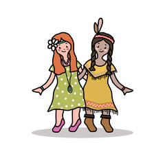 Hand Drawn Colorful Line Art Indian and Hippie Girls Cartoon Drawing, Fun Cute Kids Style Illustration