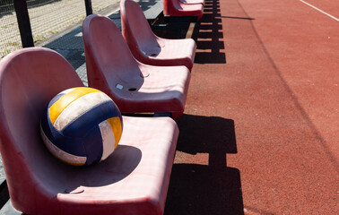 volleyball ball on bench on the sports tribune