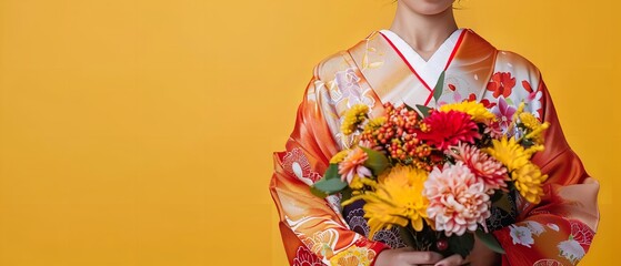 A close shot of Japanese bride holding a flower in traditional dress against a clean backdrop for text or product advertisement background, Generative AI.