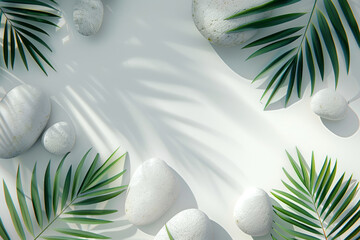 Beautiful light background with green leaves and empty space for text, product or inscriptions in top view. White stones with green palm leaves
