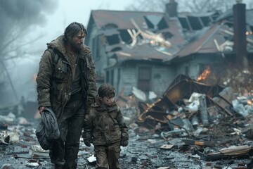 Fototapeta premium Man and Child Walking Through a Wrecked Area