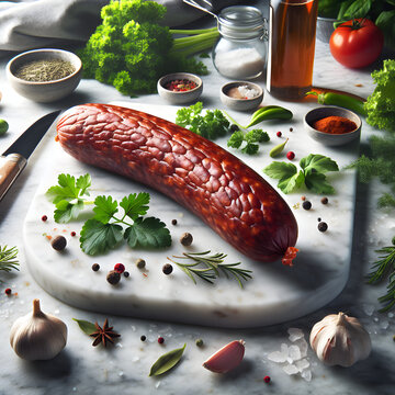 Figatellu Smoked Pork Sausage with Herbs on Marble Counter