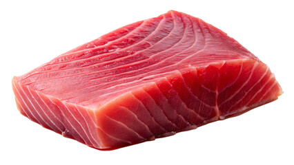A close-up of a fresh, red tuna steak on a white background