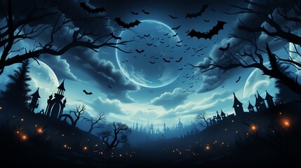 Fototapeta premium Spooky Cats and Bats Illustrate an image with silhouettes of black cats and flying bats aligned at the bottom, against a midnight blue background with a faint, starry sky pattern