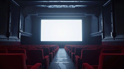 An empty movie theater with red seats and a blank white screen.

