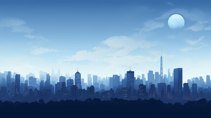 Silhouette of a city skyline against a blue sky with a full moon.