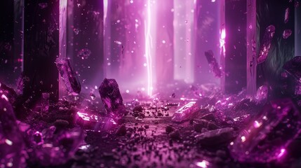 Abstract scene of a dark room with broken glass shards and glowing purple light beams cutting through the shadows