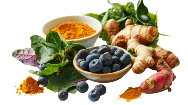 Anti-inflammatory foods like turmeric, berries, and green leafy vegetables Helps promote overall health on a white background
